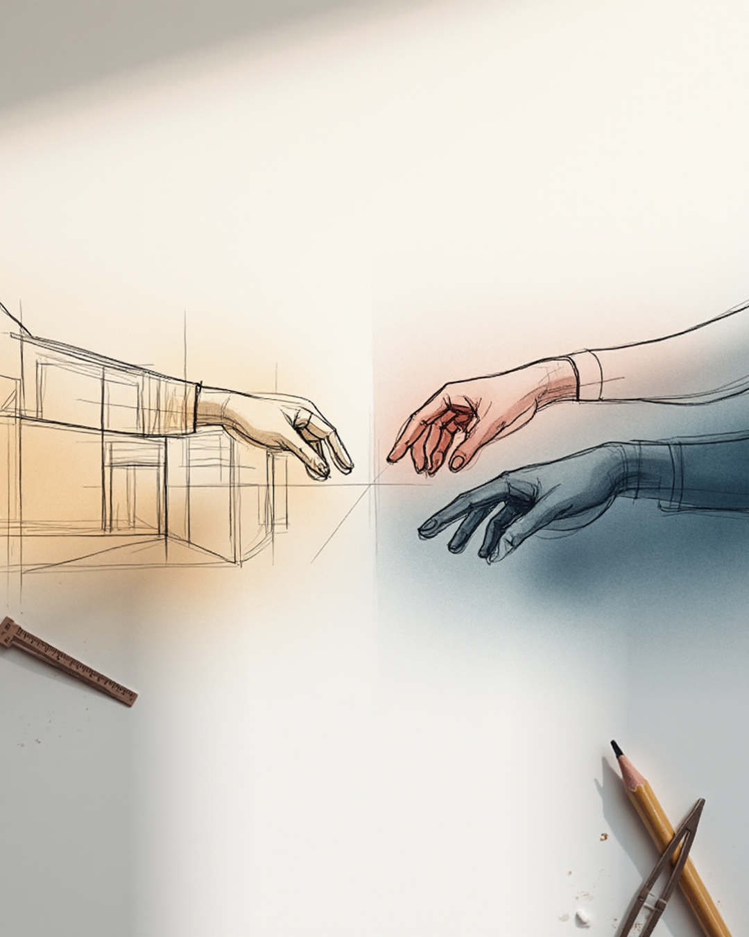 Ilustração de duas mãos quase se tocando — referência da Capela Sistina aplicada ao primeiro contato entre fornecedor e arquiteto